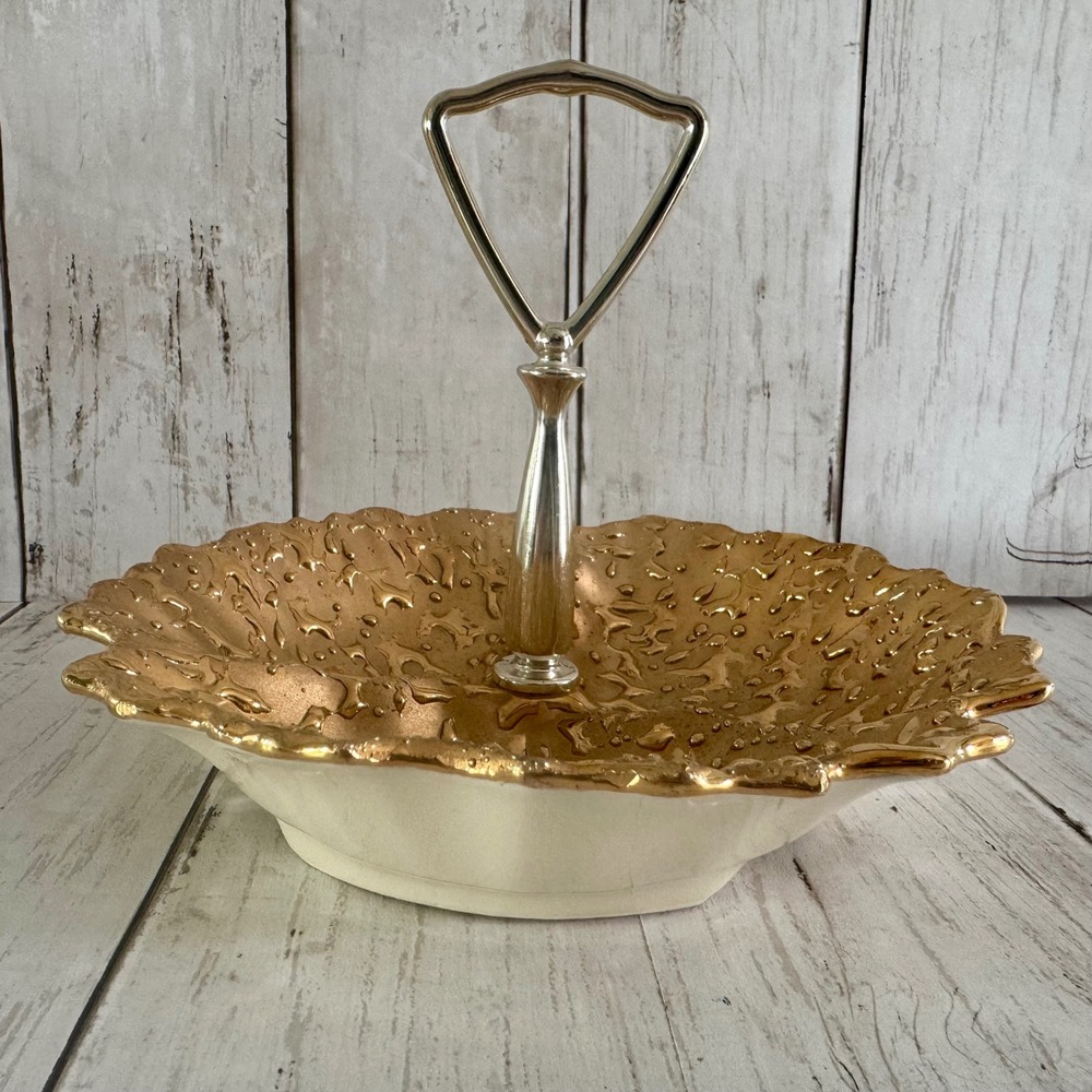 Vintage Weeping Bright Gold 22K Encrusted Divided Candy Dish with Handle USA